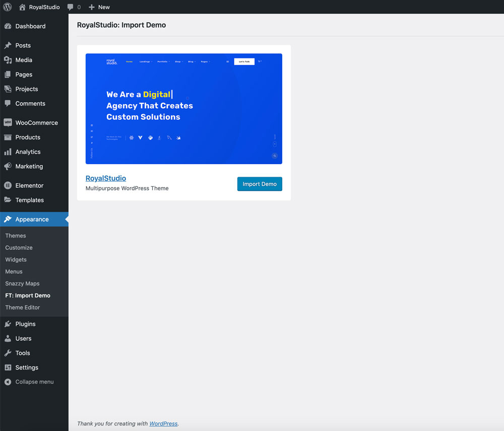 The FT: Import Demo screen in the WordPress admin with the RoyalStudio demo and its Import Demo button