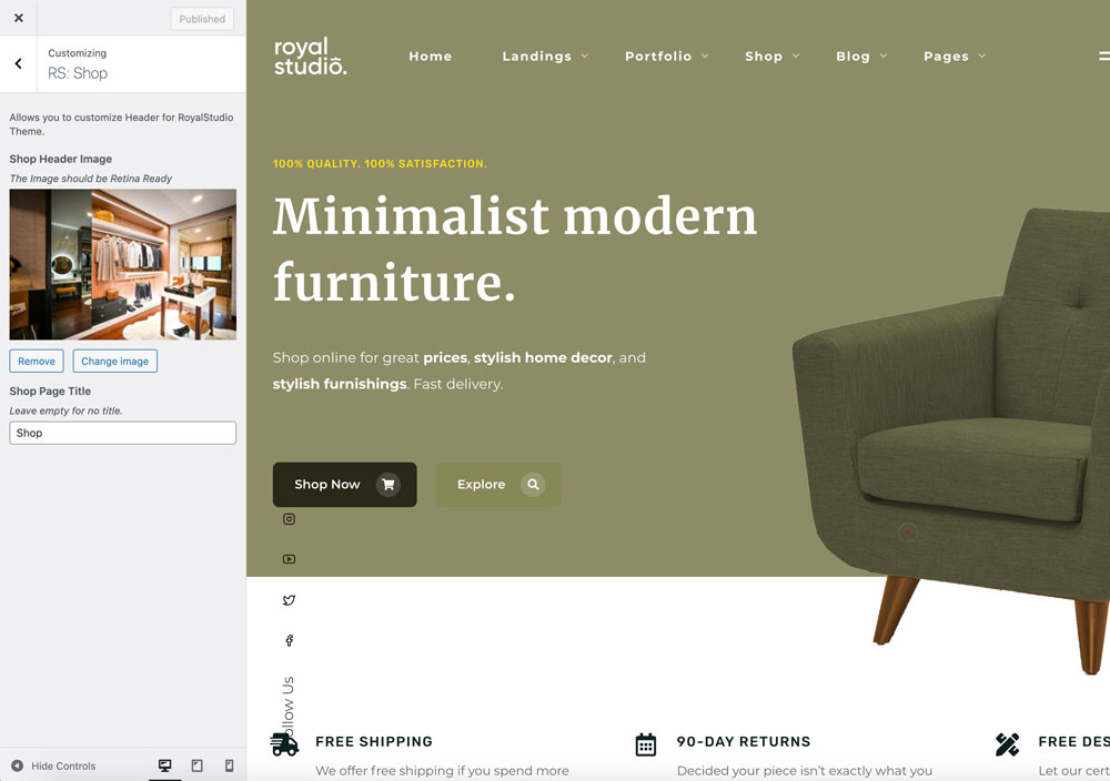 The RS: Shop panel with the Shop Header Image and Shop Page Title settings