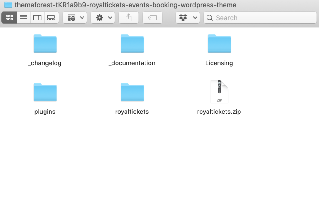 The unzipped ThemeForest package: the folders _changelog, _documentation, Licensing, plugins and royaltickets, and the royaltickets.zip file