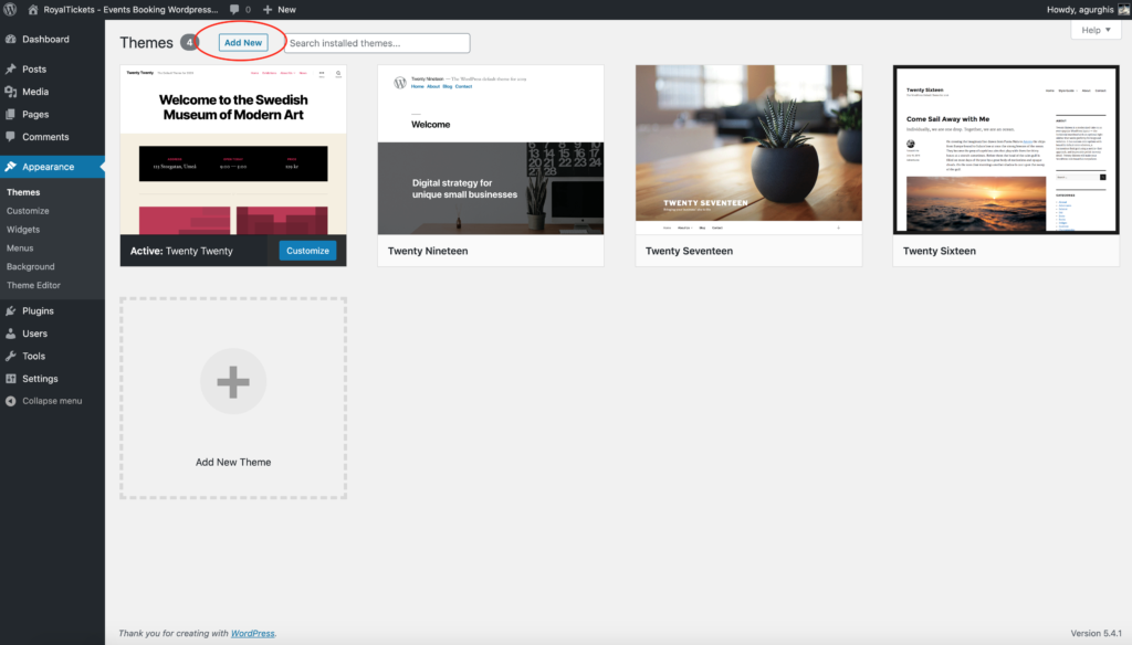 The Themes screen in the WordPress admin with the Add New button highlighted