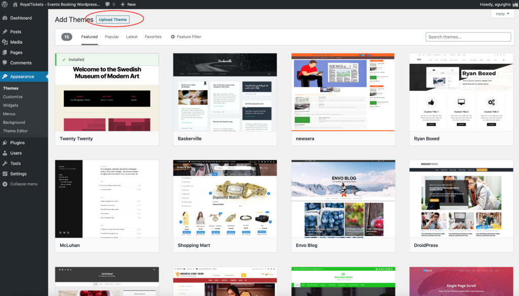 The Add Themes screen with the Upload Theme button highlighted