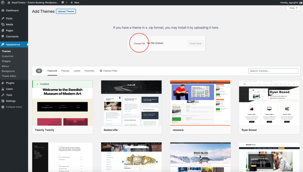 The theme upload form with the Choose File button highlighted