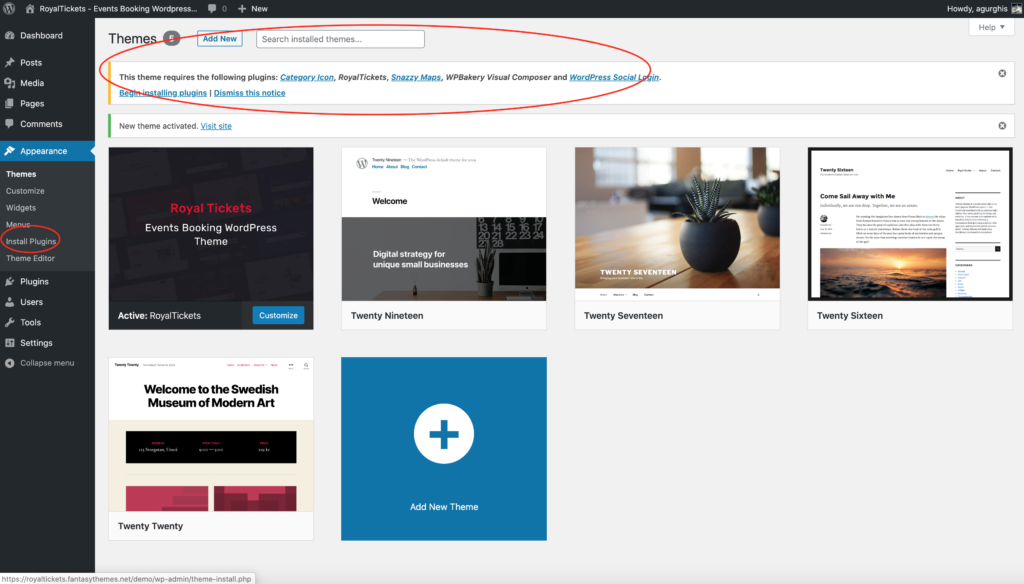 The Themes screen after activation, with the required plugins notice and the Install Plugins menu item highlighted