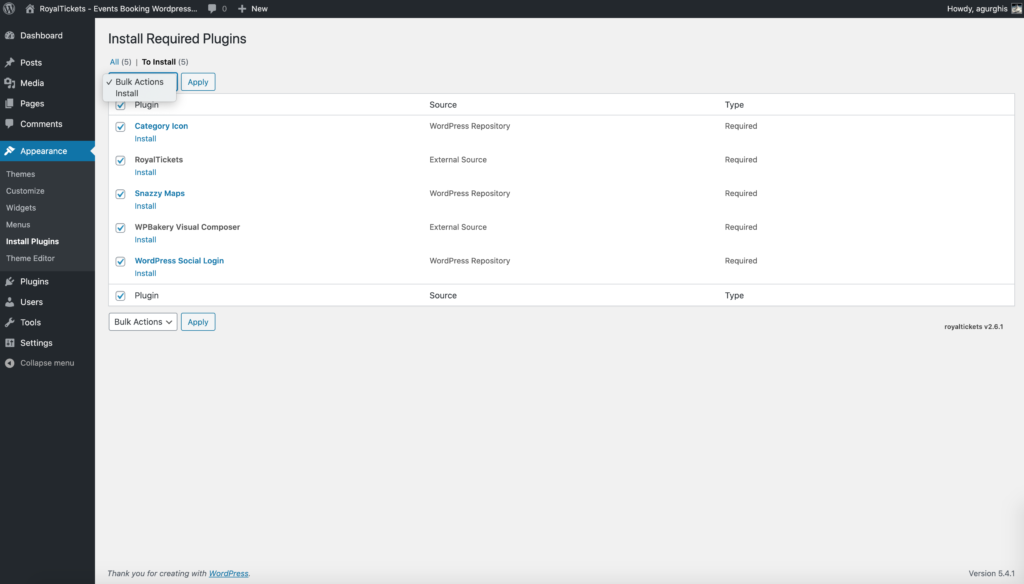 The Install Required Plugins screen with all plugins selected and the Install bulk action chosen