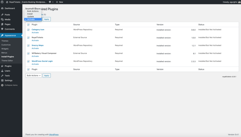 The Install Required Plugins screen with all plugins selected and the Activate bulk action chosen