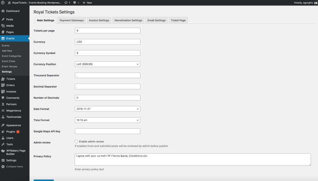 The Main Settings tab of the Royal Tickets Settings screen