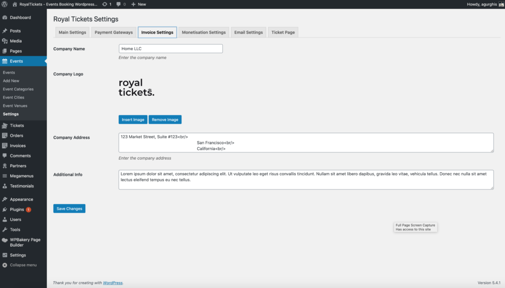 The Invoice Settings tab with the company name, logo, address and additional information fields