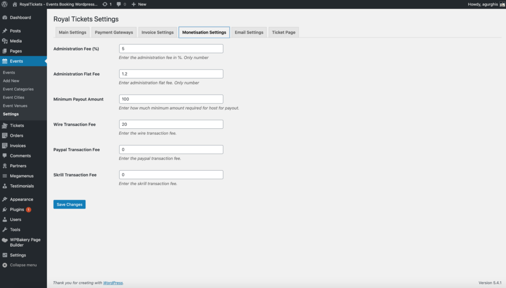 The Monetisation Settings tab with the administration fee, minimum payout amount and transaction fee fields