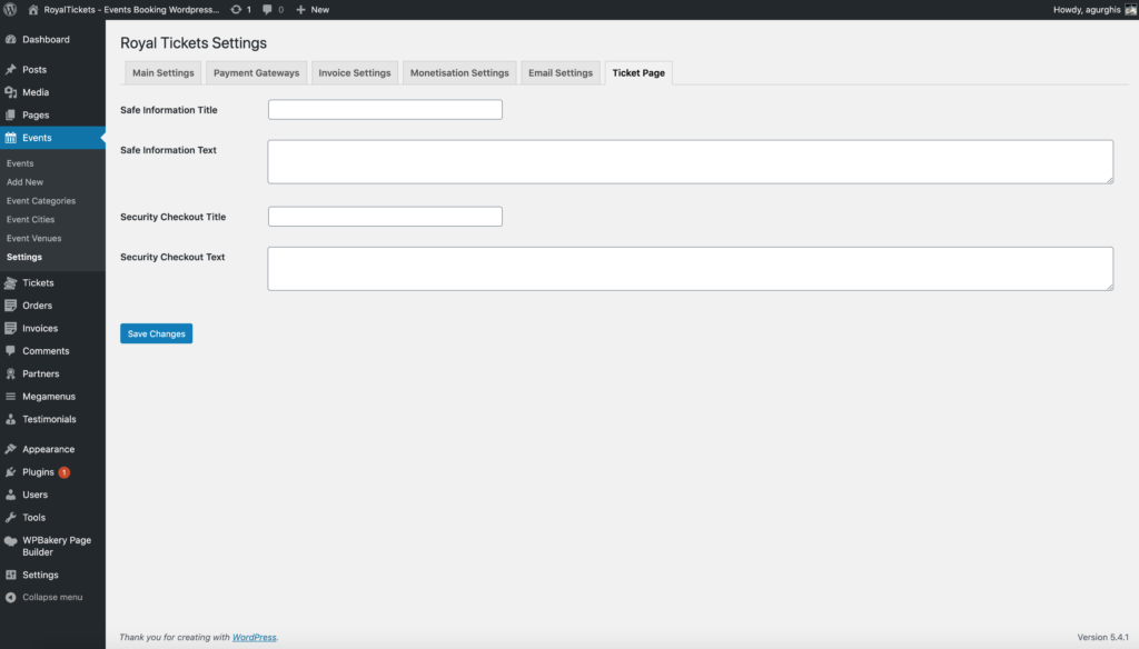 The Ticket Page tab with the Safe Information and Security Checkout title and text fields