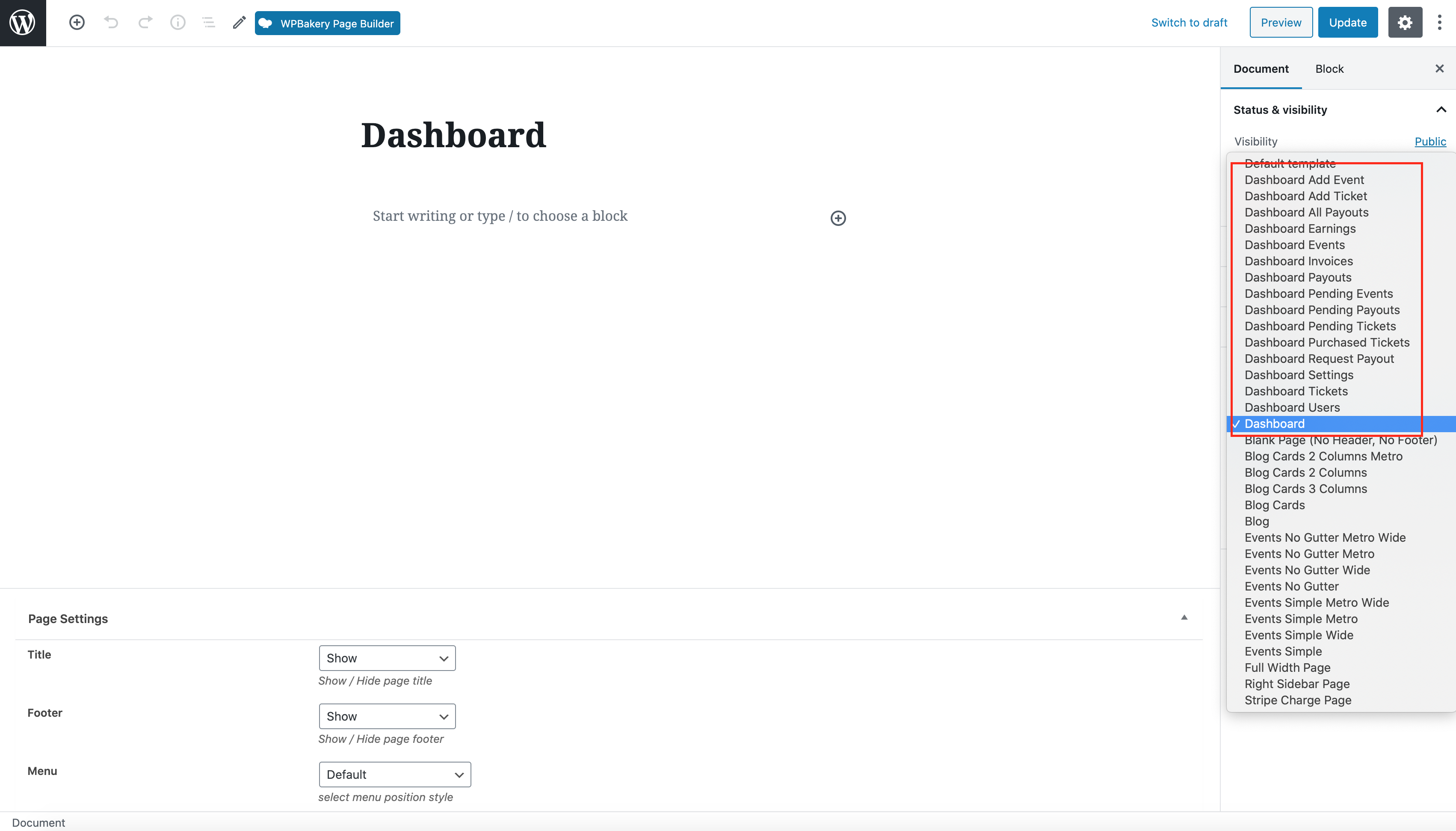 The WordPress page editor for a page named Dashboard, with the Dashboard page templates highlighted in the template list
