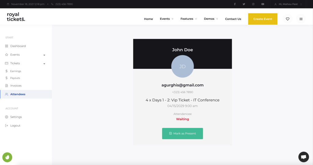 The attendee details page with the ticket details, the attendance status and a Mark as Present button