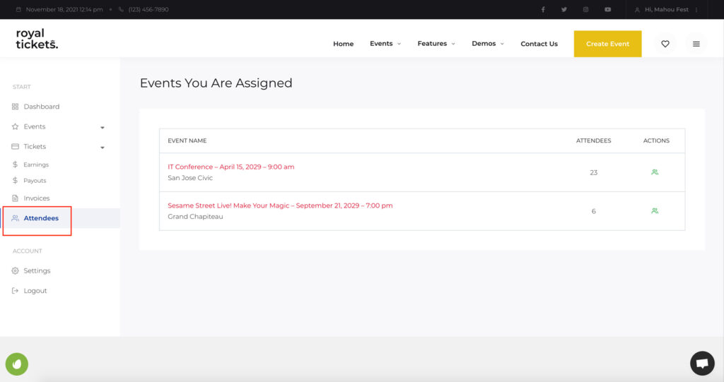 The Attendees page in the dashboard, listing the events you are assigned to and their number of attendees