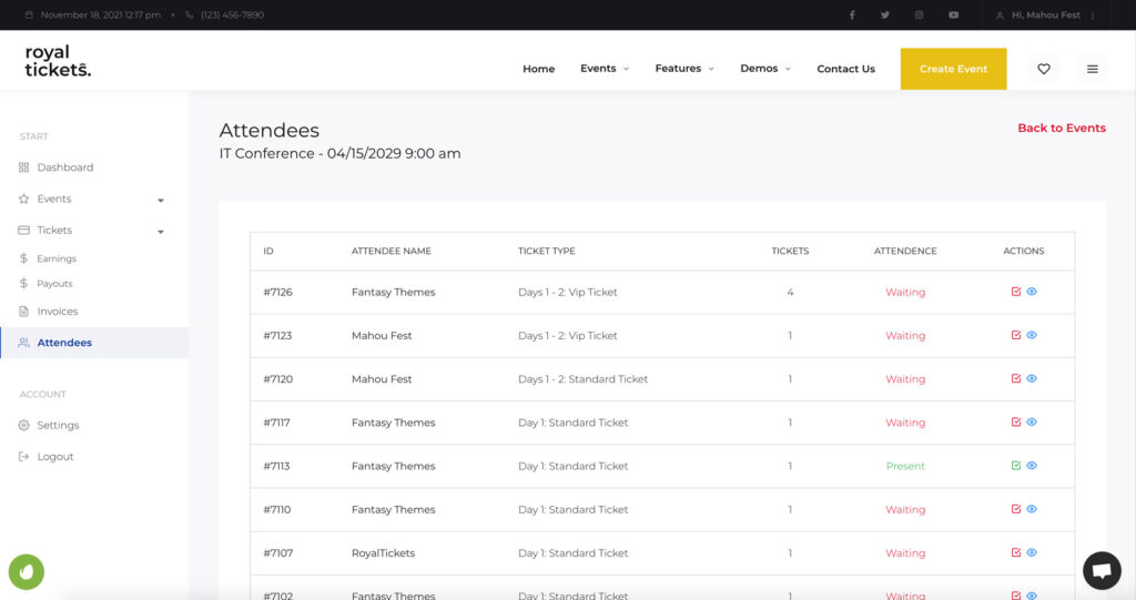 The list of attendees for an event with ticket type, number of tickets, attendance status and actions