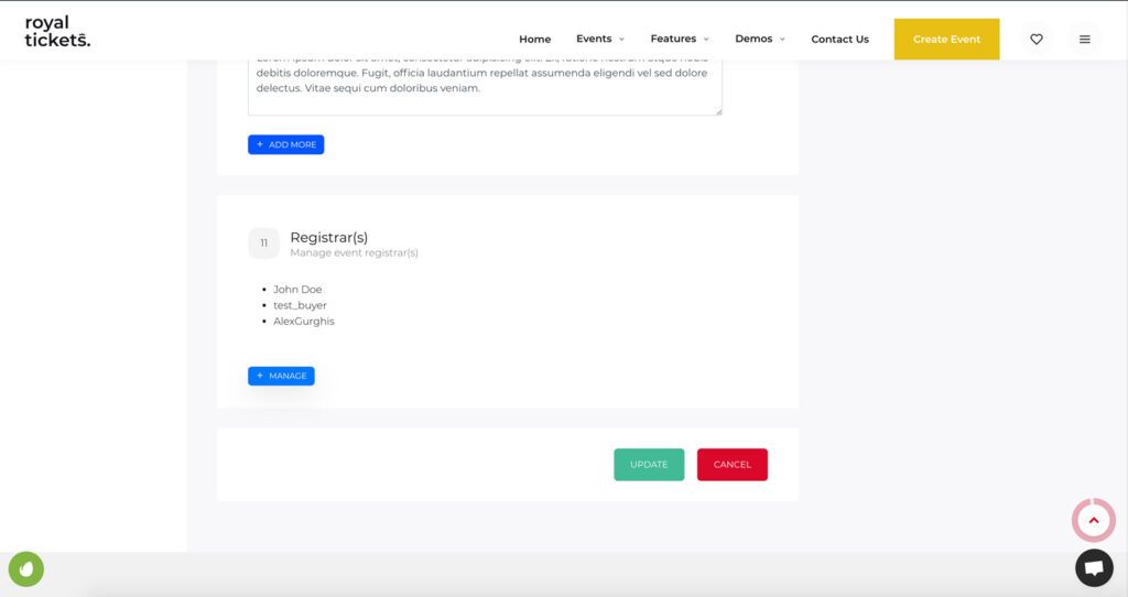 The Registrar(s) section of the event form with a list of assigned registrars and a Manage button
