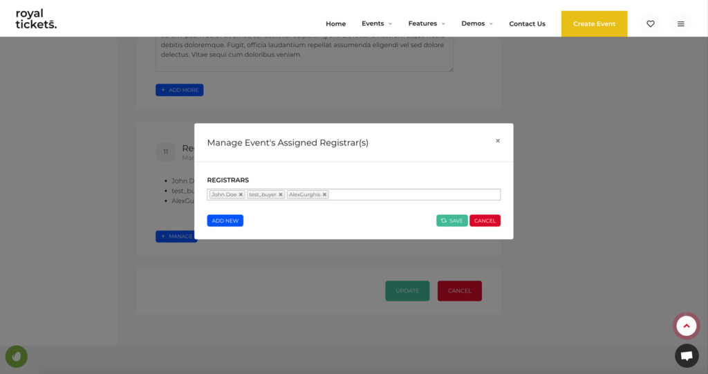 The dialog for managing the registrars assigned to an event