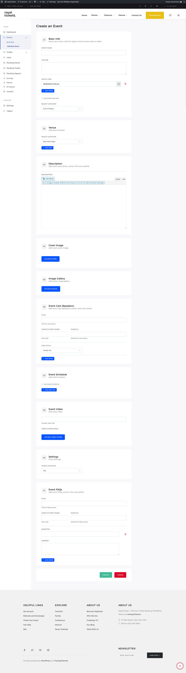 The Add New Event page, a form with sections for basic info, venue, description, cover image, image gallery, event cast, schedule, video, settings and FAQs