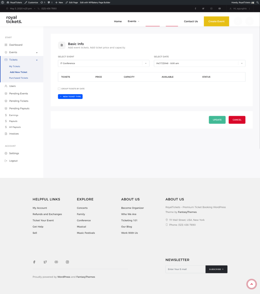 The Add New Ticket page with event and date selectors and a table of ticket types