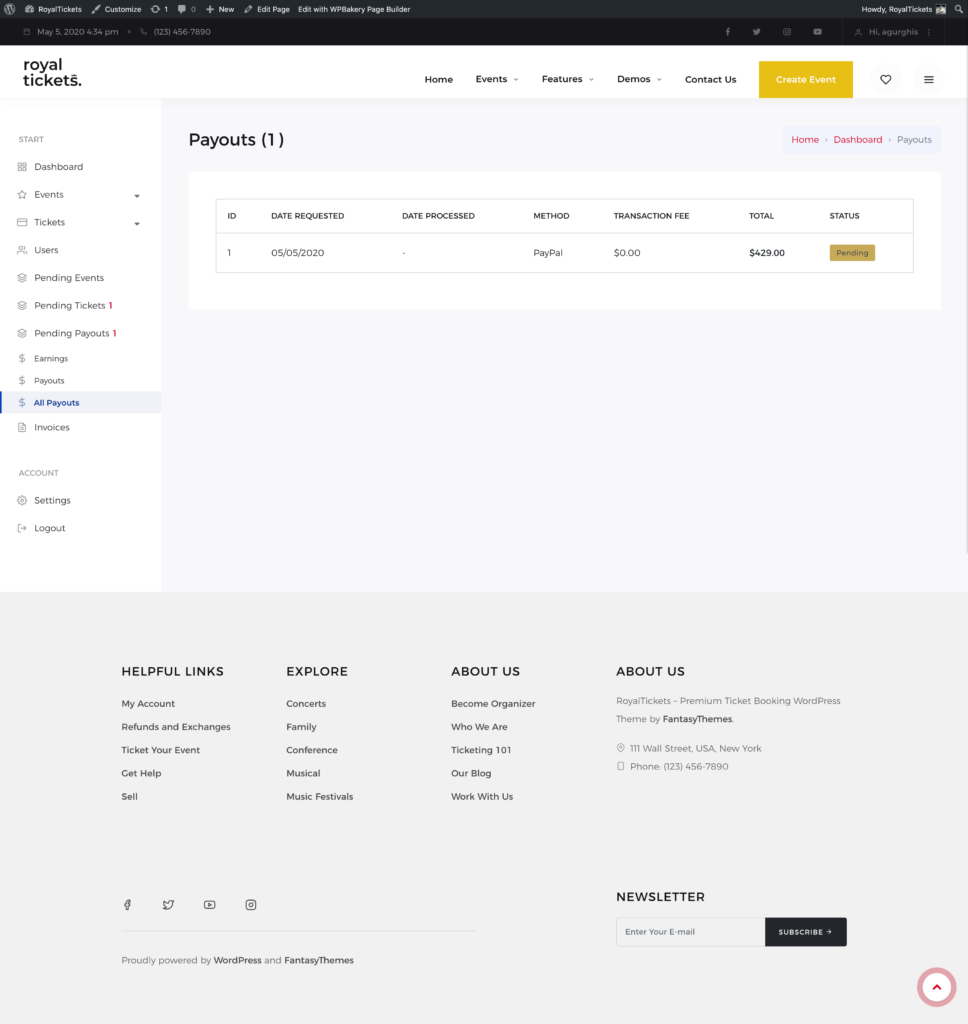 The All Payouts page with a table of payout requests showing dates, method, transaction fee, total and status