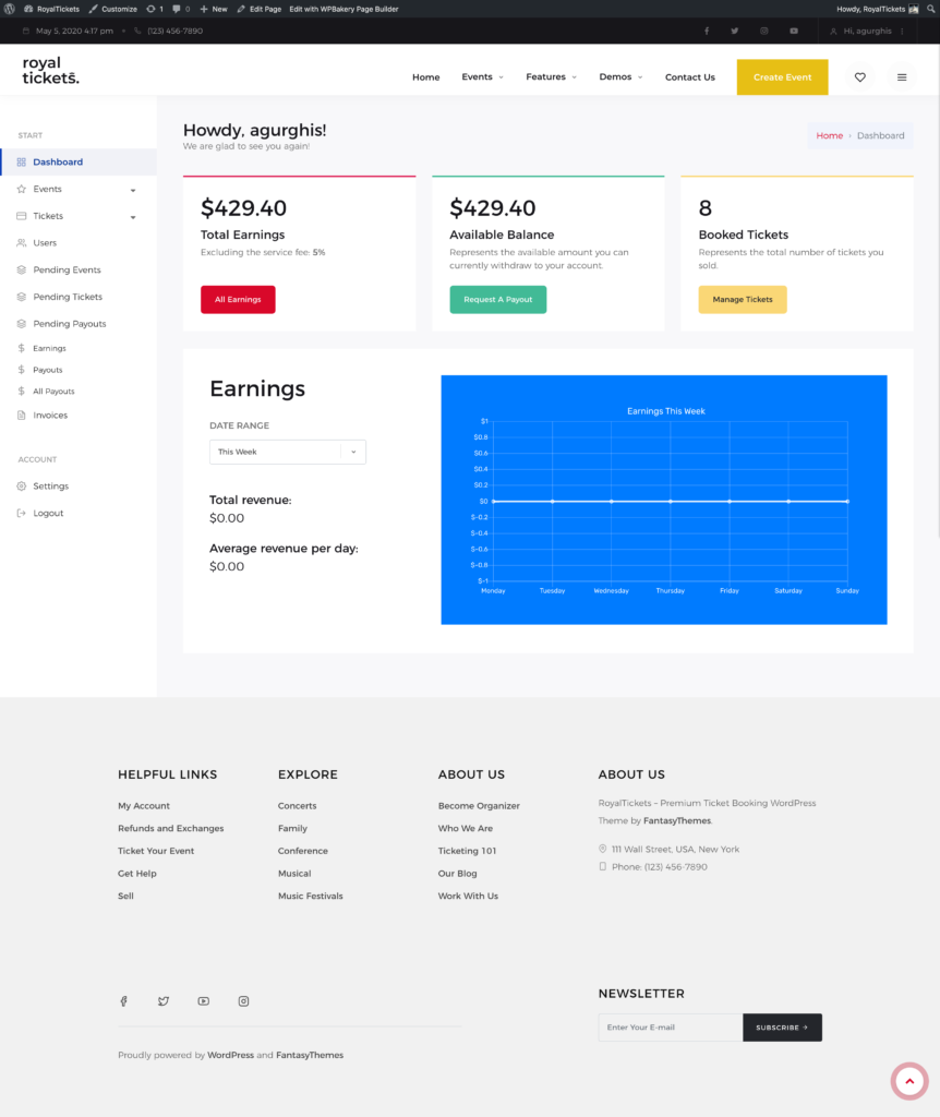 The Dashboard page with total earnings, available balance, booked tickets and an earnings chart