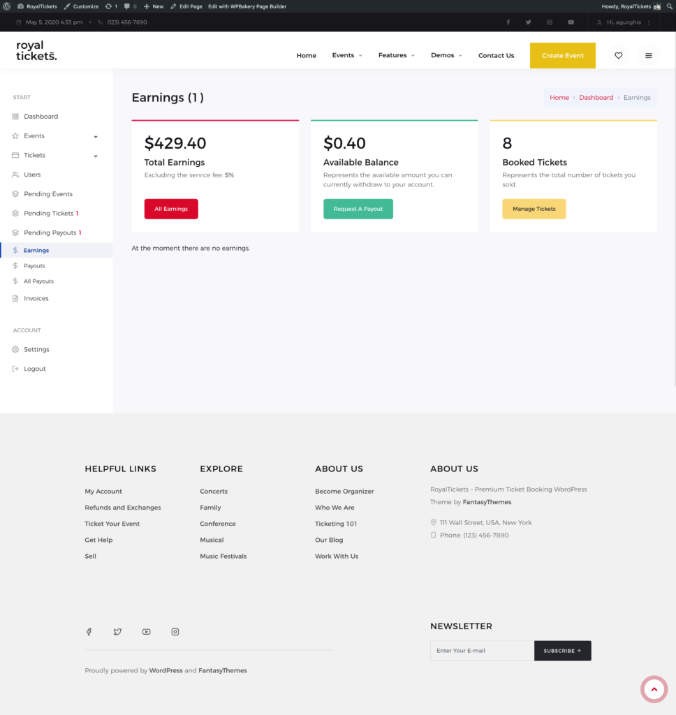 The Earnings page with total earnings, available balance and booked tickets