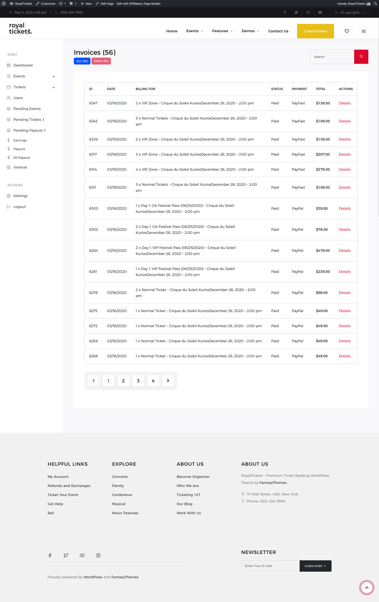 The Invoices page with a table of invoices showing date, billing details, status, payment method and total
