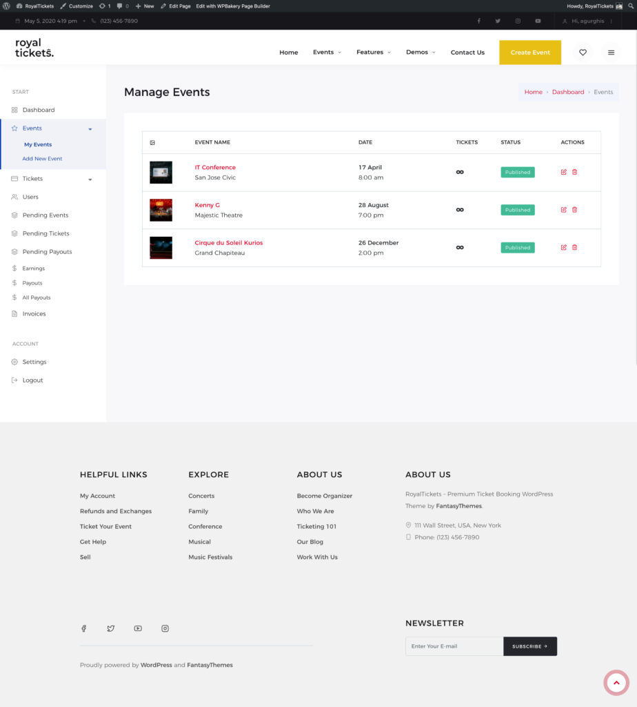The My Events page with a table of events showing date, tickets, status and actions