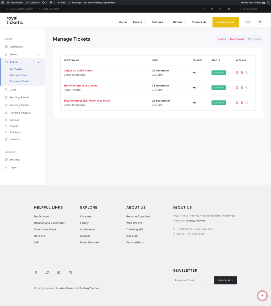 The My Tickets page with a table of tickets showing date, status and actions