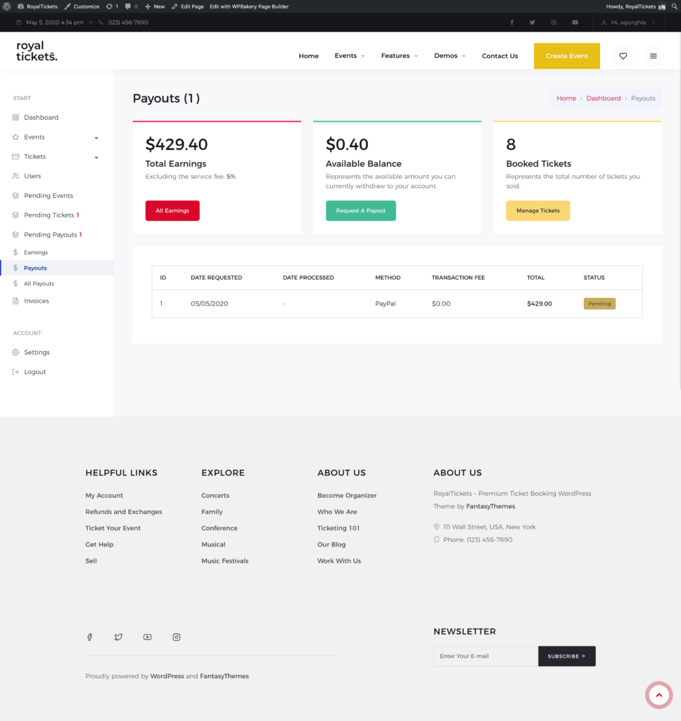 The Payouts page with the earnings summary and a table of your payout requests
