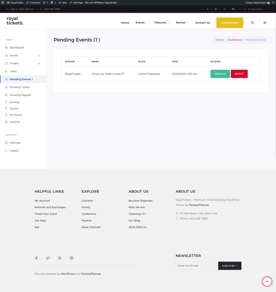 The Pending Events page with one event waiting for review and the Approve and Reject buttons