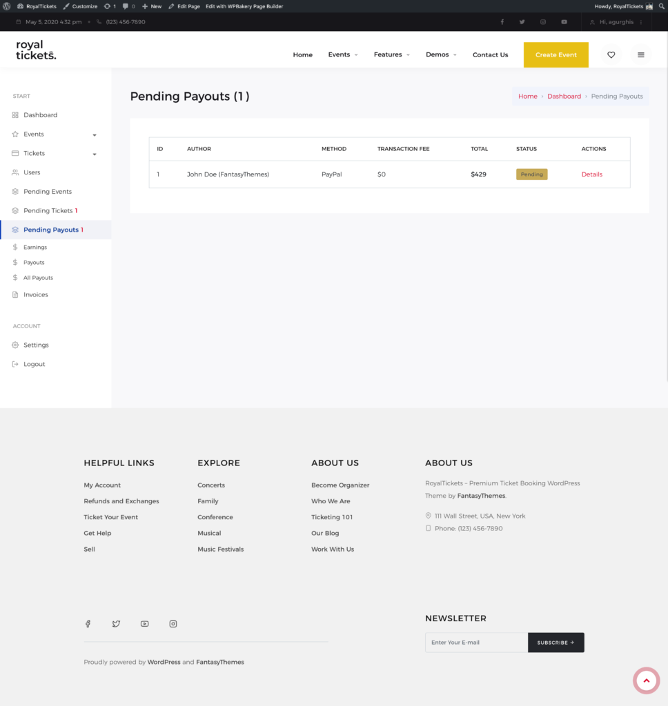 The Pending Payouts page with one payout request showing method, transaction fee, total and status
