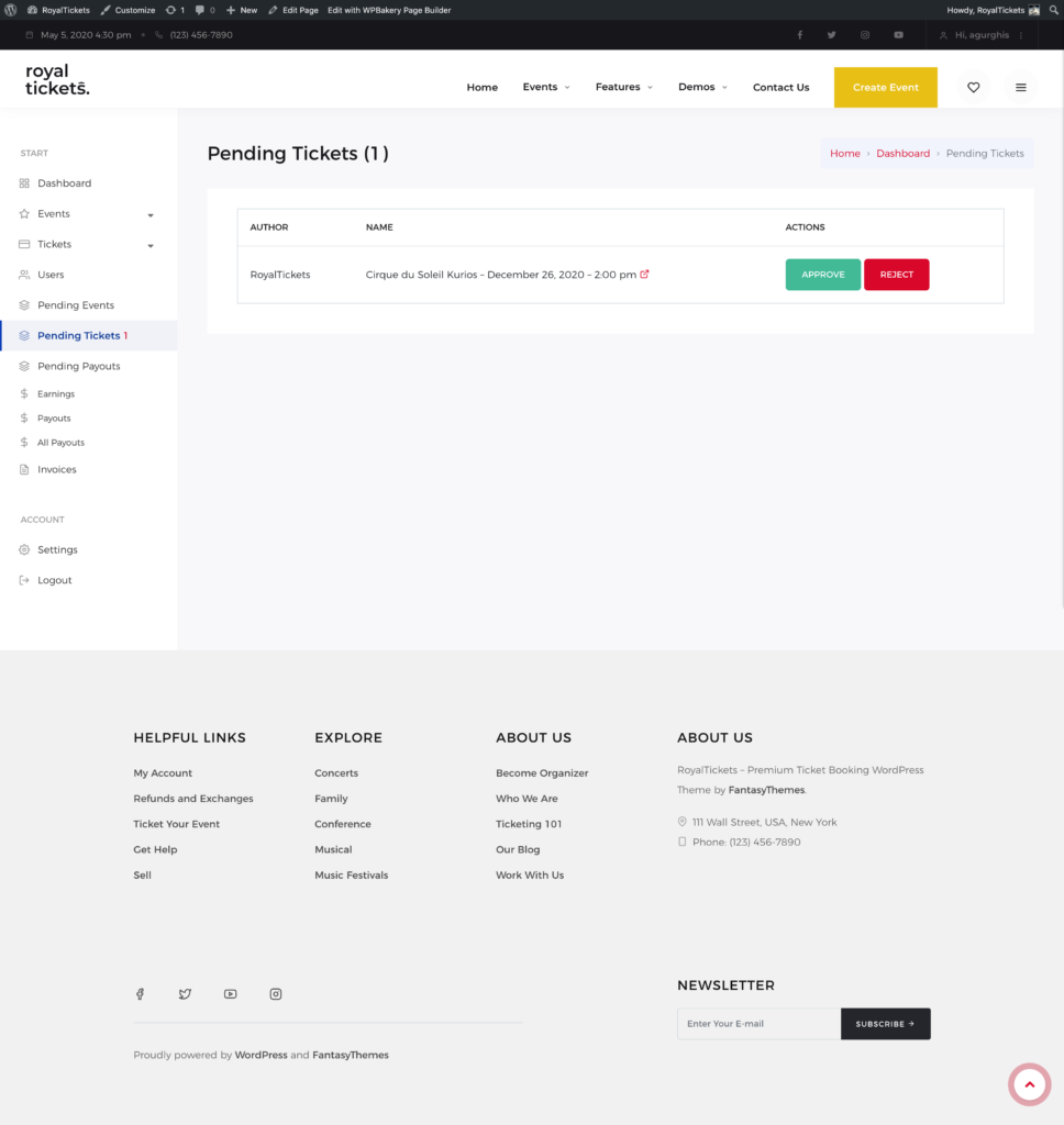 The Pending Tickets page with one ticket waiting for review and the Approve and Reject buttons