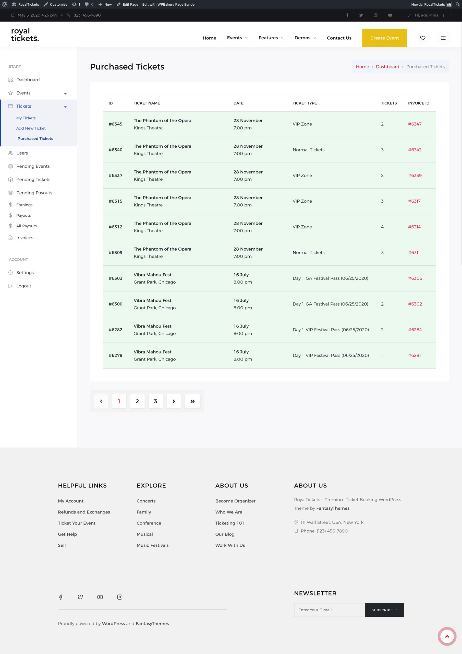 The Purchased Tickets page with a table of purchases showing ID, ticket name, date, ticket type, number of tickets and invoice ID