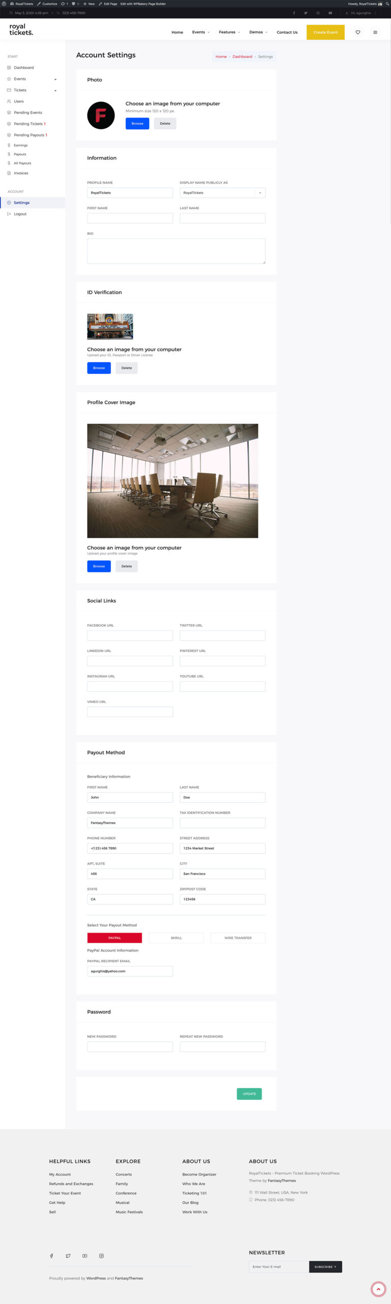 The Settings page with sections for photo, information, ID verification, profile cover image, social links, payout method and password