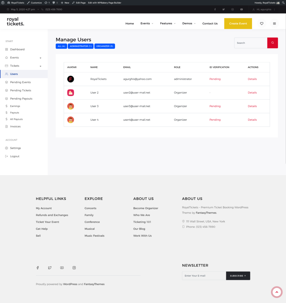 The Users page with a table of users showing name, email, role and ID verification status