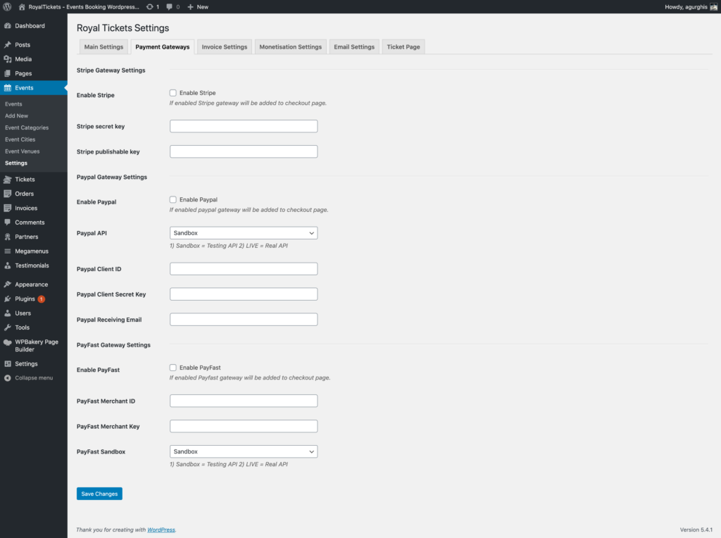 The Payment Gateways tab with the Stripe, PayPal and PayFast settings