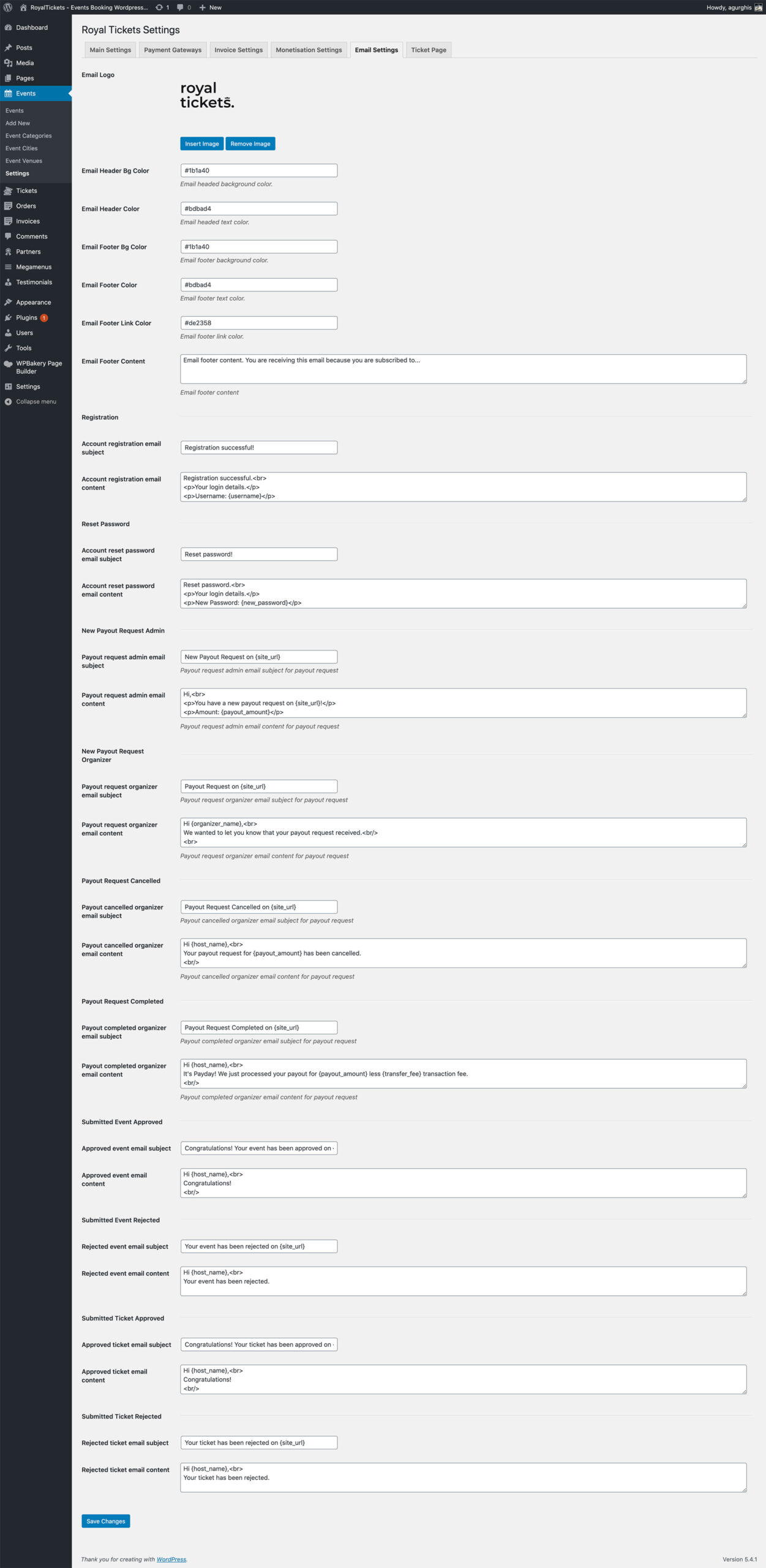 The Email Settings tab with the email logo, colours, footer content and the subject and content of each notification email